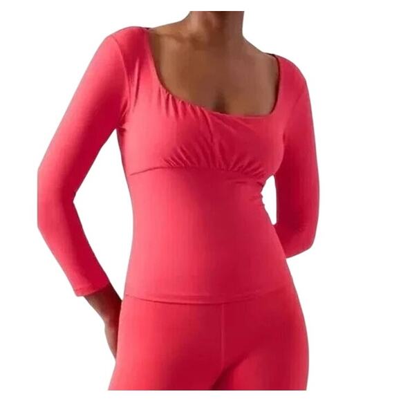 ATHLETA Shanti Scoop Neck 3/4 Sleeve Peasant Top Knit Stretch Pink Red Small - Picture 1 of 10